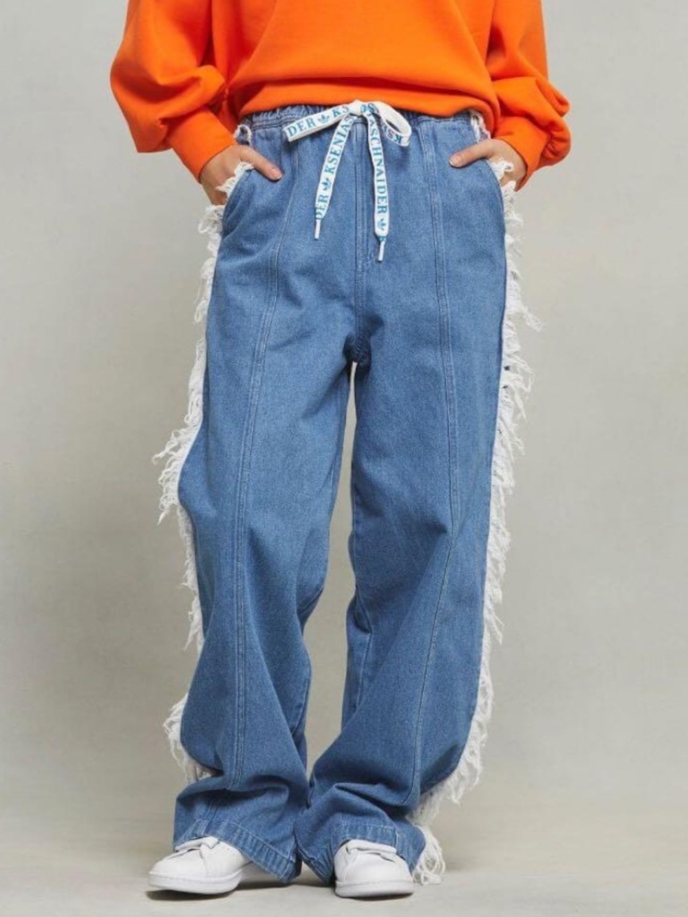 NWT Adidas x Ksenia Schnaider Blue Wide-Leg Jeans with White Fringe Medium